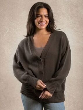 Neuflora Meredith Cardigan Oversized V-Neck Button Cardigan Sweater - Brown